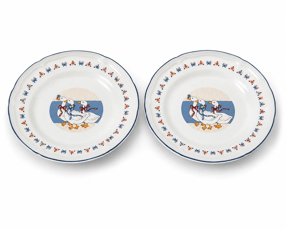 Two Vintage Brick Oven Ribbon Geese Stoneware Dessert Salad Plate